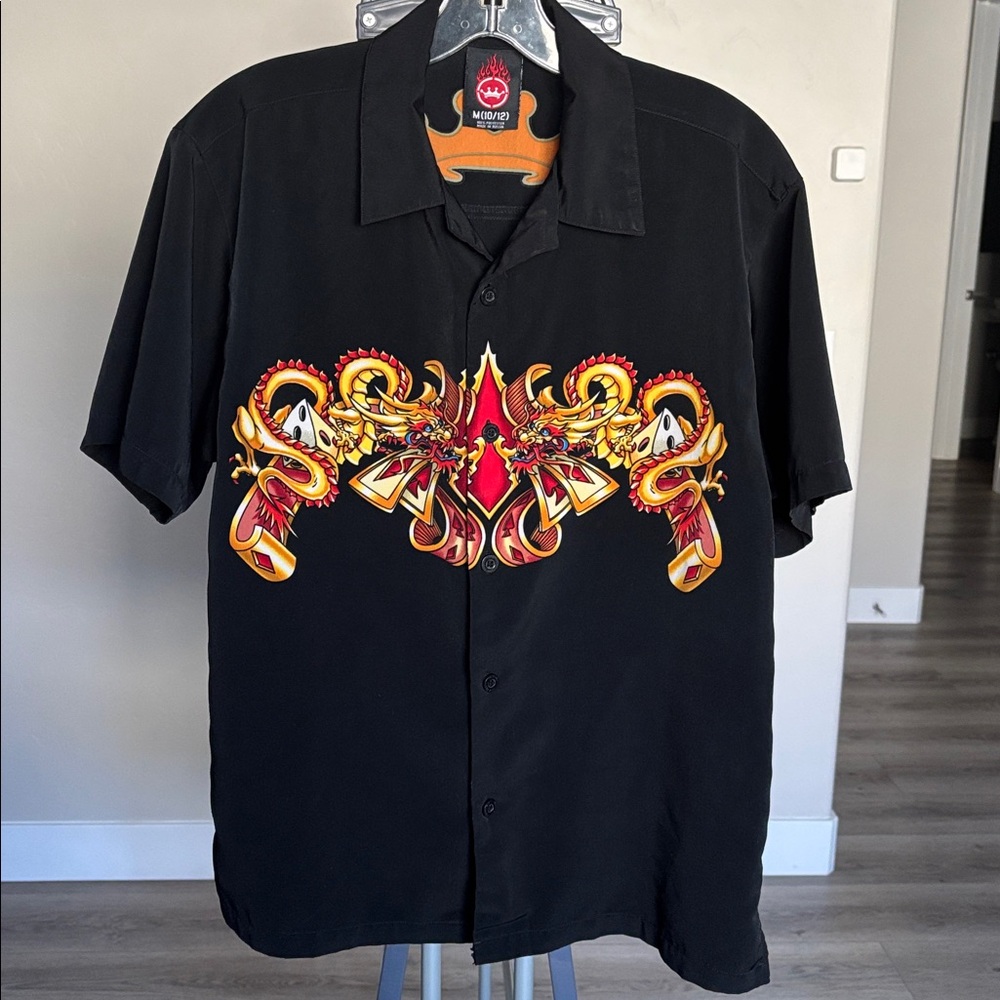 Vintage Y2K JNCO Jeans Red Black Button Shirt w/ Dragon Designs (MED 10/12)